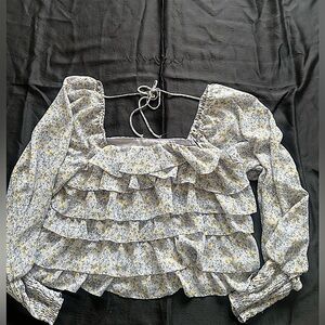 Astr Floral Ruffle Blouse in soft blue and Yellow